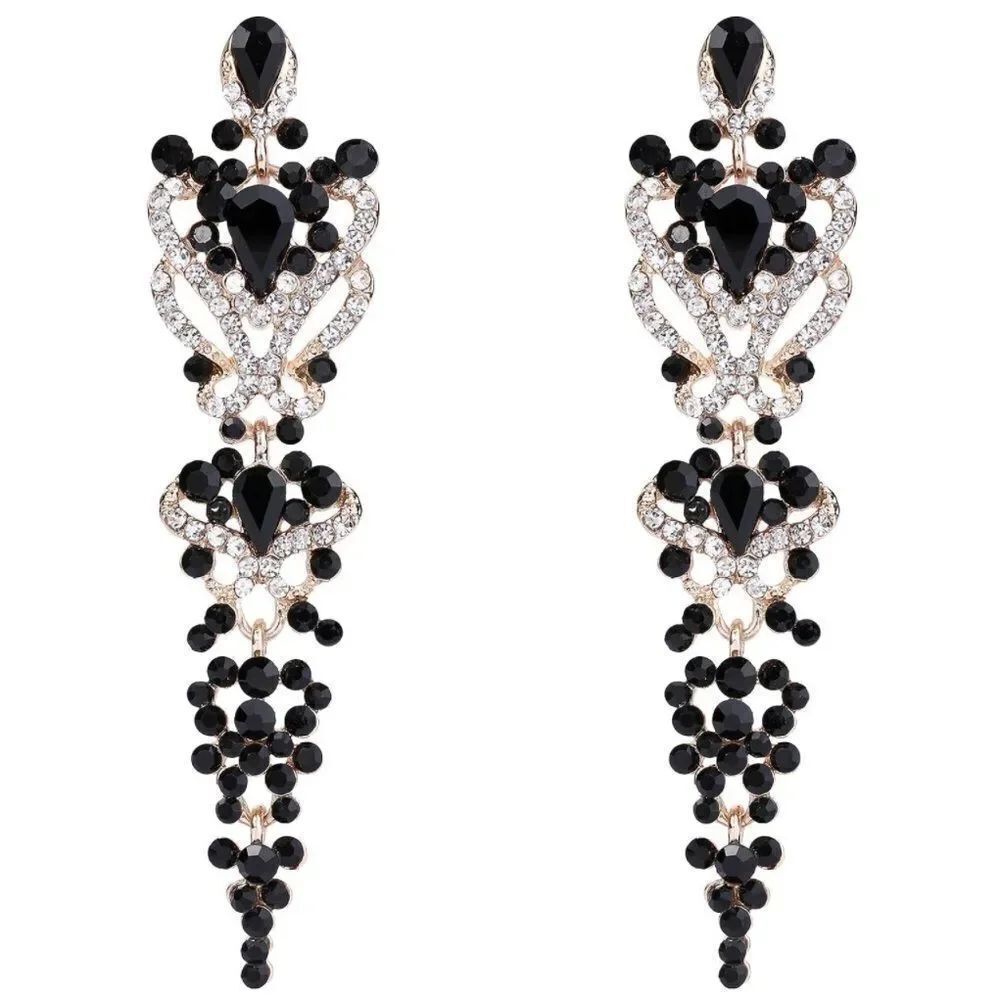 Yellow Gold Onyx and Diamond Austrian Crystal Floral Knot Chandelier Earrings